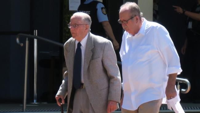 Peter Mervyn Samuel, 92, of Chain Valley Bay (left) leaving Wyong Local Court charged with one count of indecently assaulting a boy, 11, in 1971. Picture: supplied