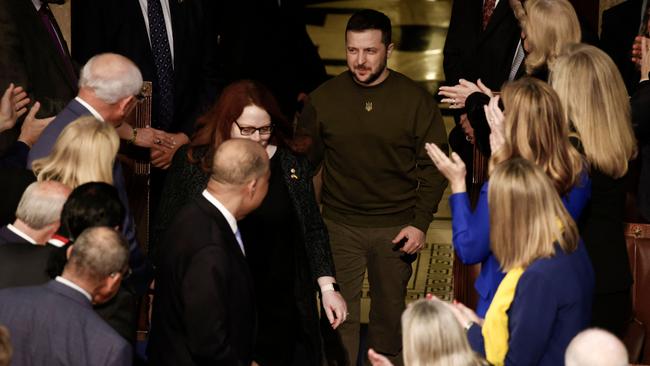 Volodymyr Zelenskyy makes an entrance in his military greens. Picture: AFP