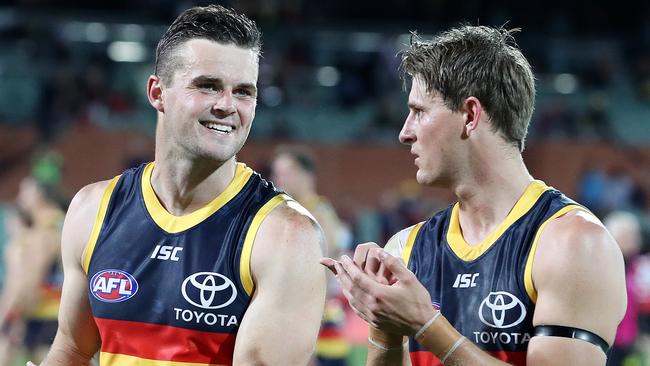 Adelaide's Brad Crouch with Matt Crouch after the loss to Richmond. Picture: Sarah Reed