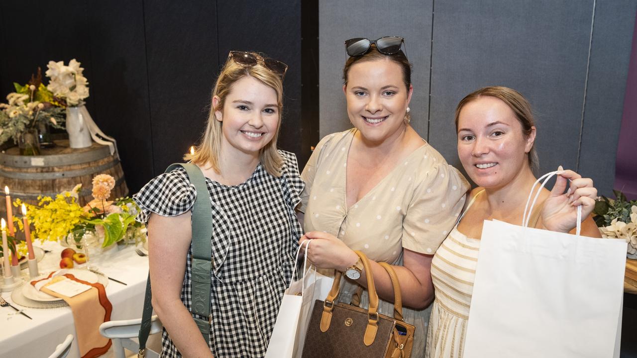 Bride-to-be Verity Campbell (centre) with her bridesmaids Malinda Southwell (left) and Rikki-Lee Truscott at Toowoomba's Wedding Expo hosted by Highfields Cultural Centre, Sunday, January 21, 2024. Picture: Kevin Farmer