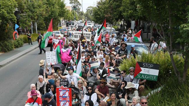 Free Palestine Protest in Little Malop St Geelong then stopping in Malop St then onto Transvaal Square Picture: Mark Wilson