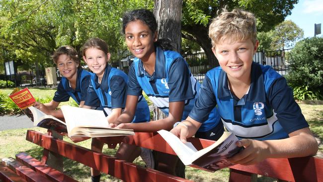 Chilwell Primary School grade 6 students Henry George, Annabel Zanoni, Sayuni Dharmasena, and Archie Sleep were part of the top performing NAPLAN cohort. Picture: Alan Barber