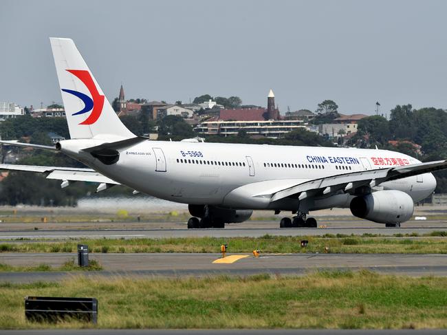 China Eastern flight MU749 arriving at Sydney International Airport in Sydney. Picture: Joel Carrett