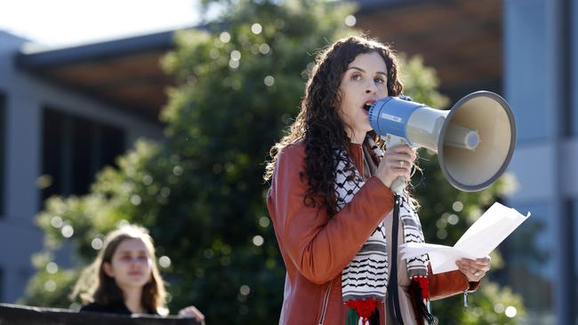 Dr Randa Abdel-Fattah speaking at a pro-Palestine protest at Macquarie University in Sydney. Picture: Richard Dobson