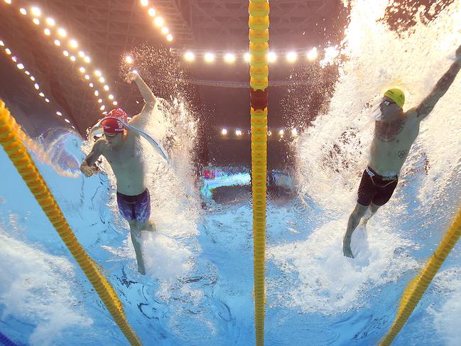 FUKUOKA, JAPAN - JULY 27: (EDITORS NOTE: Image taken using an underwater remote camera.) Matthew Richards of Team Great Britain and Kyle Chalmers of Team Australia compete in the Men's 100m Freestyle Final on day five of the Fukuoka 2023 World Aquatics Championships at Marine Messe Fukuoka Hall A on July 27, 2023 in Fukuoka, Japan. (Photo by Adam Pretty/Getty Images)