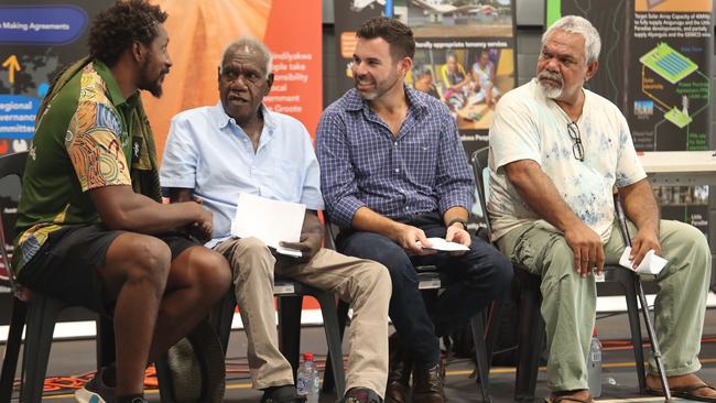 Bush Fit Mob crew speak with Anindilyakwa Land Council Chairman Tony Wurramarrba, Attorney-General Chansey Paech and ALC Community Justice Group member Matthew McKenzie at the launch of justice initiatives for Groote Archipelago on Friday February 2. Picture: Zizi Averill