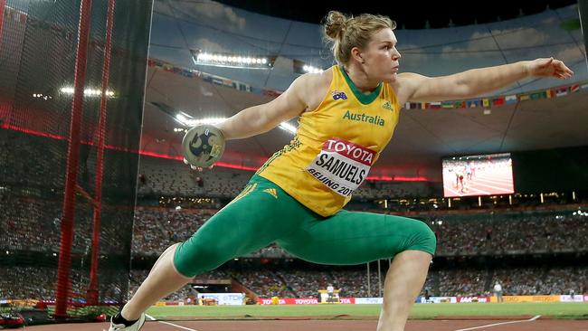 Dani Stevens, nee Samuels in the discus finals at the world athletics championships in Beijing in 2015.