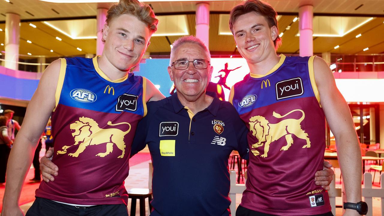 Brisbane Lions coach Chris Fagan with Levi Ashcroft and Sam Marshall after the draft. Picture: Michael Willson/AFL Photos via Getty Images