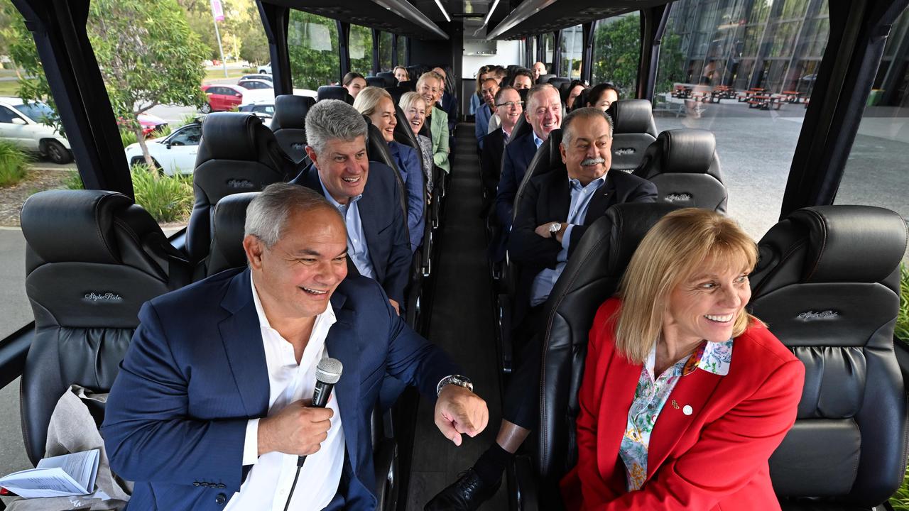 Flashback March 2023 and happy faces — Brisbane 2032 Organising Committee board members, on a bus tour ,are shown some venues by Gold Coast Mayor Tom Tate. Pic: Lyndon Mechielsen/Brisbane 2032.