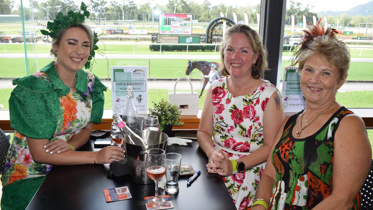 Micaela Kuhn, Janette Hobbs and Marie Taylor at the St Patrick’s Day races in Rockhampton on March 12, 2022. Picture: Aden Stokes