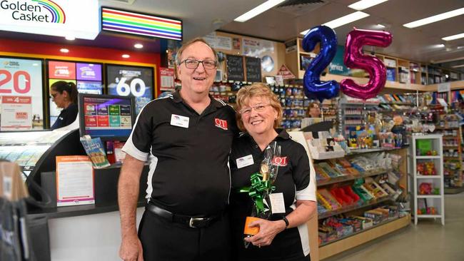 STORY TO TELL: Chris and Janet Calver are celebrating 25 years at Karalee News. Picture: Rob Williams