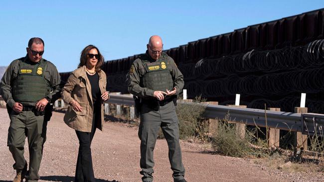 US Vice President and Democratic presidential candidate Kamala Harris, centre, visits the US-Mexico border with US Border Patrol. Picture: AFP