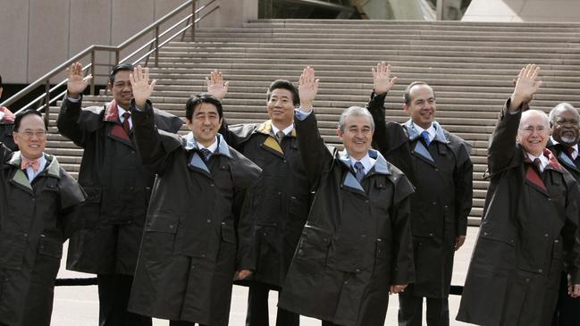 John Howard arranged Driza-Bone coats for the leaders at APEC in Sydney in 2007. Picture: AP