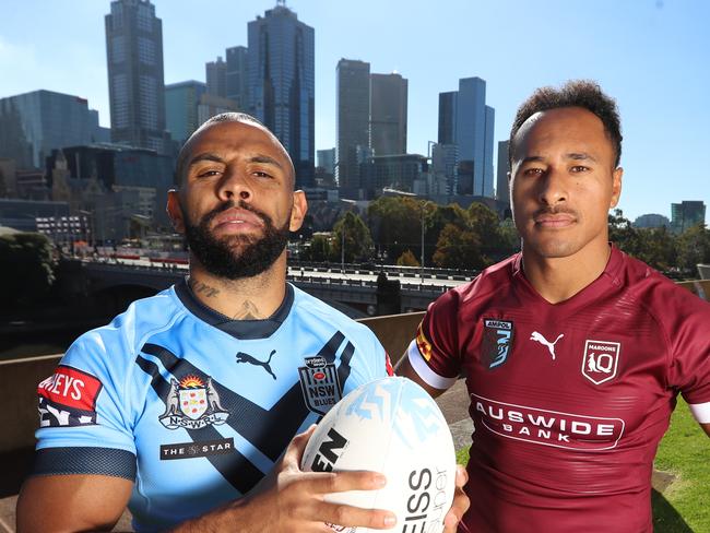 With the first State of Origin game at the MCG this year, the NRL series launch tomorrow is at the Victorian Arts Centre. Storm stars Josh Addo-Carr (Blues) and Felise Kaufusi (Maroons) ready for action. Picture: Alex Coppel.