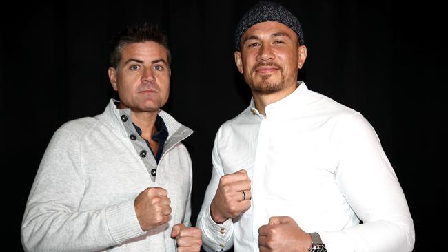 Sonny Bill Williams and Stu Laundy  shape up during a press conference in Auckland this week to promote the December charity fight.