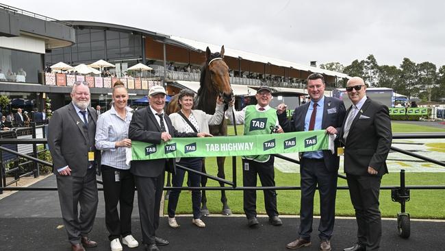 Albury trainer Donna Scott holds Villasaurus after his win in the TAB Highway at Rosehill Gardens on Saturday. Picture: Bradley Photos