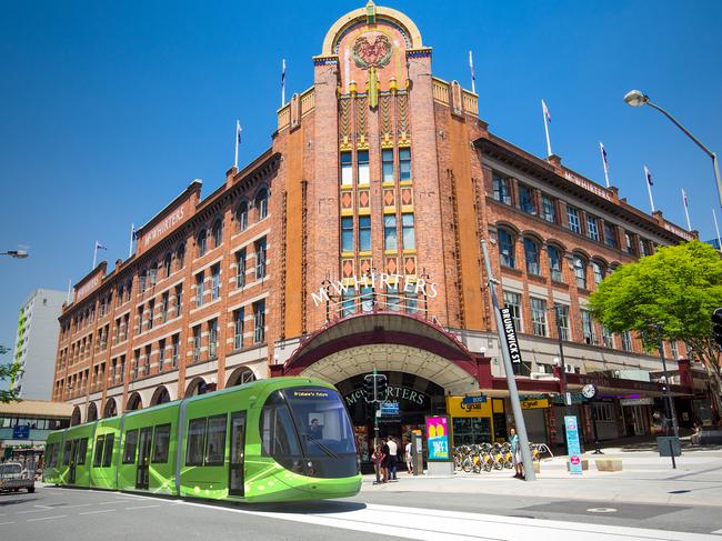 Artist impression ,Brisbane Light Rail outside of McWhirters in Fortitude Valley