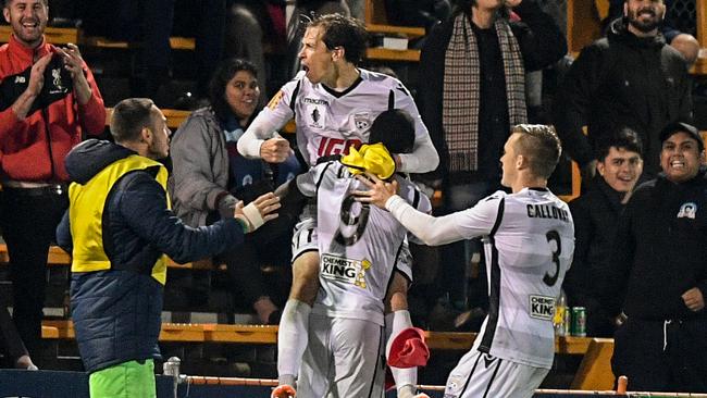 Craig Goodwin celebrates after scoring against Apia Tigers in the FFA Cup quarterfinal. Picture: AAP Image/Brendan Esposito