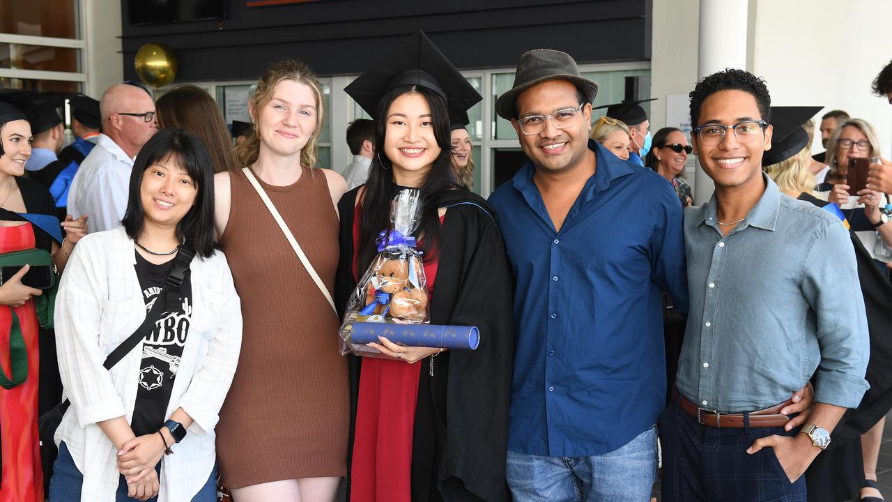 Bonnie Hu, Jess Hamilton, Sena Nakagawa, Rasil Krishnan and Jonathan Naranjo at the James Cook University 2023 Graduation. Picture: Shae Beplate.