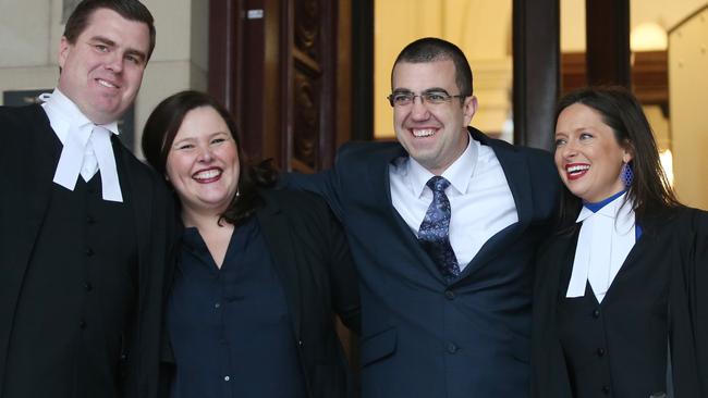 A beaming Faruk Orman (second from right) with his legal team Paul Smallwood, Ruth Parker and Carly Marcs Lloyd. Picture: AAP Image/David Crosling