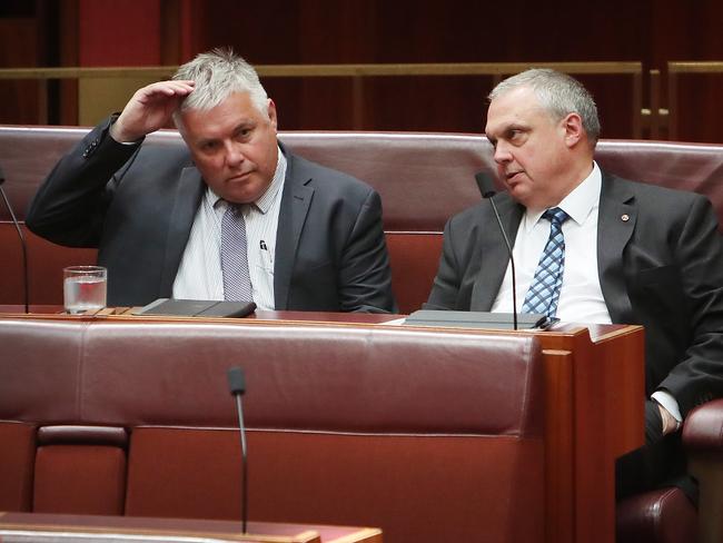 Senator Rex Patrick and Senator Stirling Griff  in the Senate Chamber, Parliament House in Canberra. Picture Kym Smith