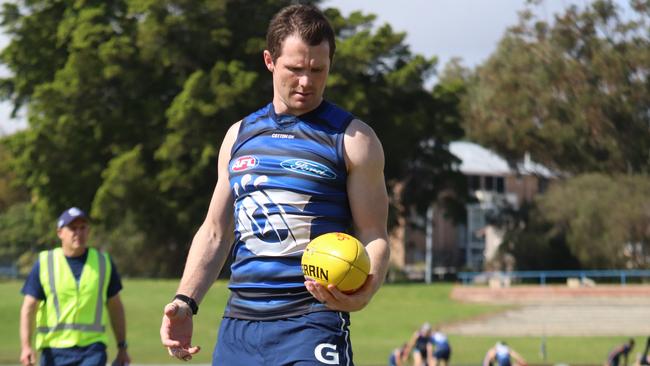 Patrick Dangerfield with his hand bandaged during Geelong Cats training in Perth. Picture: Geelong Cats