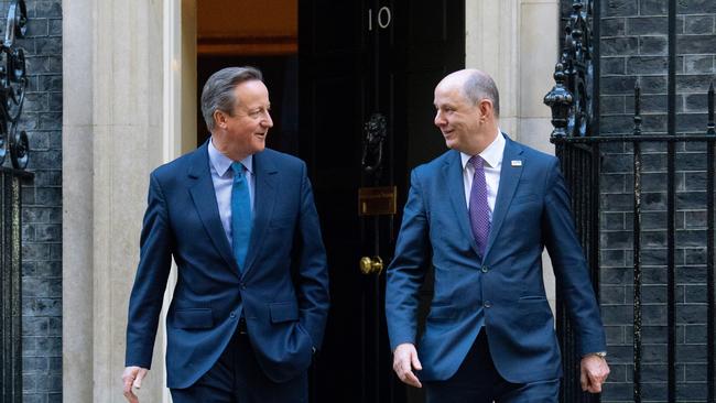 Britain's former Prime Minister, David Cameron, leaves 10 Downing Street with Sir Philip Barton, the Permanent Under-Secretary of the Foreign, Commonwealth and Development Office, after being appointed Foreign Secretary. Picture: Getty