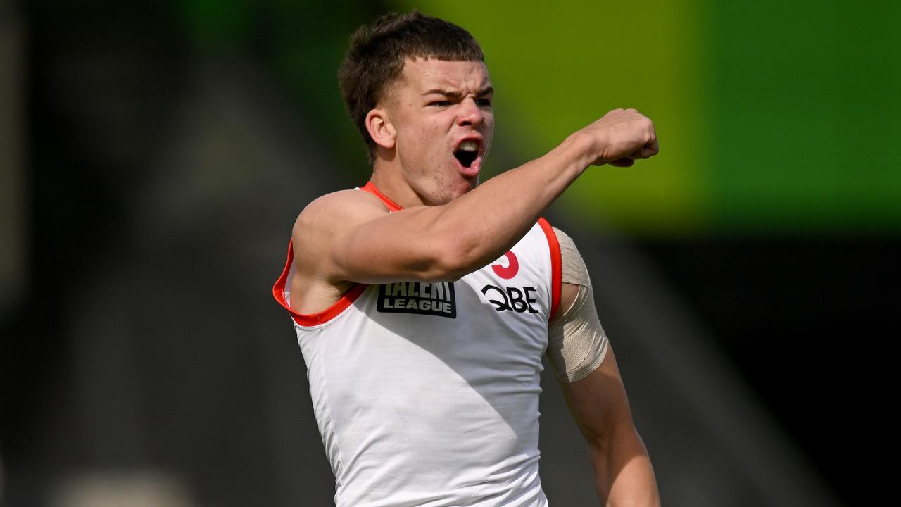 MELBOURNE, AUSTRALIA - MARCH 25: Mitchell Woods of the Swans celebrates a goal during the round one Coates Talent League match between Western Jets and Sydney Swans Academy at Highgate Reserve on March 25, 2023 in Melbourne, Australia. (Photo by Morgan Hancock/AFL Photos/via Getty Images)