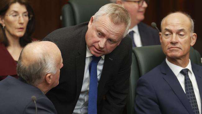 Minister Eric Abetz, left, Mr Rockliff and Deputy Premier Guy Barnett during the debate over the no-confidence motion. Picture: Nikki Davis-Jones