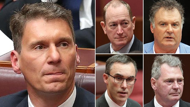 The Senate merry-go-round ... Cory Bernardi (left) with (clockwise, from middle) Fraser Anning, Rod Culleton, Steve Martin and Tim Storer.