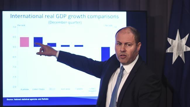 Treasurer Josh Frydenberg discussing December quarter GDP figures in Canberra this week. Picture: AAP