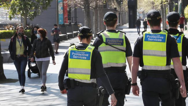 MELBOURNE, AUSTRALIA- NewsWire Photos SEPTEMBER 10, 2020: PSO members patrol Southbank during stage four COVID-19 lockdown in Melbourne: NCA NewsWire/ David Crosling