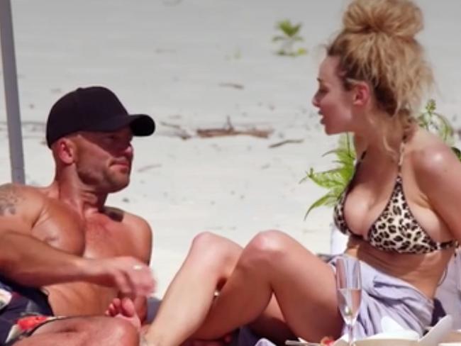 Channel 9’s Married At First Sight contestants Mike Gunner and Heidi Latcham pictured arguing on the beach. Photo: Married At First Sight