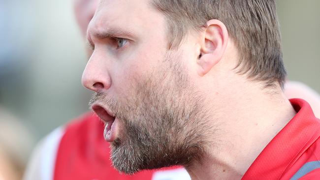 SANFL  - Saturday 4th July, 2020 - Norwood v North Adelaide at the Adelaide Oval. North Adelaide Coach Jacob Surjan fires up at his team during the 1st quarter break Picture: Sarah Reed