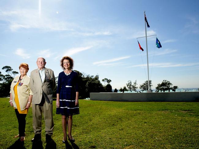 The redeveloped Georges Heights commemorative lookout is ready for Mosman's Anzac Day Dawn Service — Eileen Henderson OAM, Ian Henderson and Harbour Trust acting director Susan Culverston. Picture: Annika Enderborg