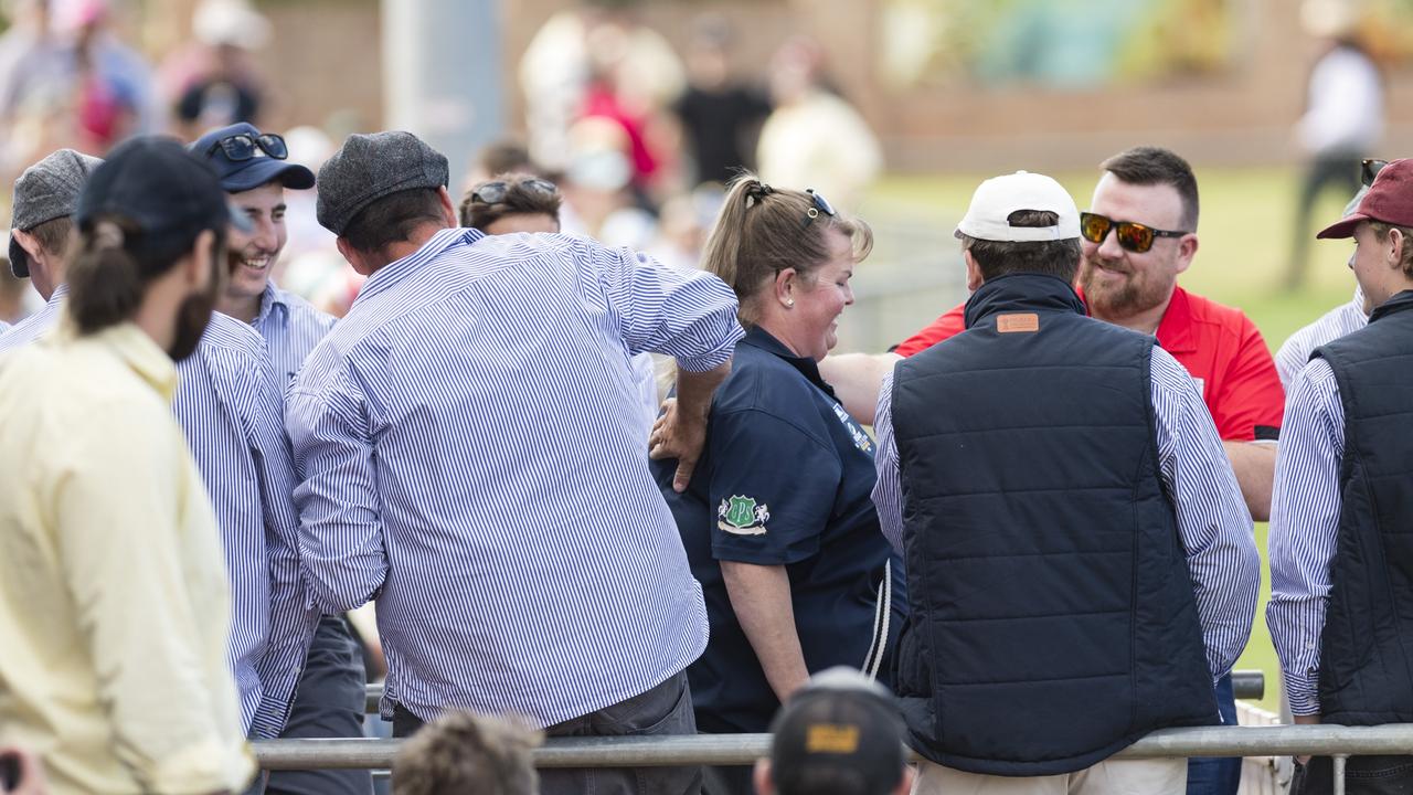 Dalby Wheatmen cheer as Estelle Munro is named as the recipient of the Ken Long Award for service and dedication on Downs Rugby 2023 grand final day. Picture: Kevin Farmer