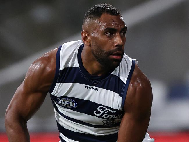 MELBOURNE, AUGUST 5, 2023: 2023 AFL Football - Round 21 - Geelong Cats V Port Adelaide Power at GMHBA Stadium. Esava Ratugolea of the Geelong Cats in a action. Picture: Mark Stewart