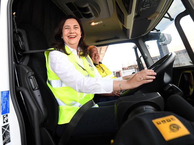 BRISBANE, AUSTRALIA - NewsWire Photos - OCTOBER 6, 2020. Queensland Premier Annastacia Palaszczuk sits behind the wheel of a truck during a visit to ACFS Port Logistics at the Port of Brisbane. Ms Palaszczuk today embarked on her re-election campaign.Picture: NCA NewsWire / Dan Peled