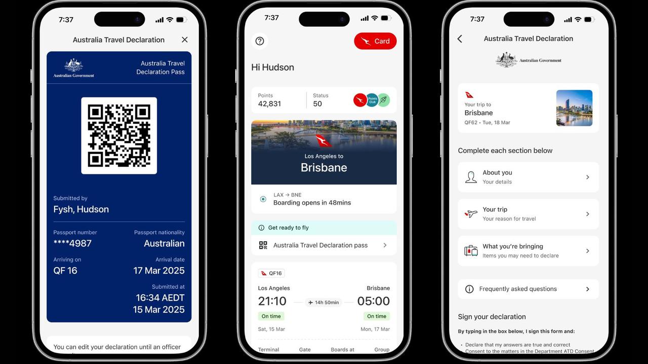 The digital incoming passenger card is available through the existing Qantas app and can be completed up to 72 hours before flying. Picture: ABF