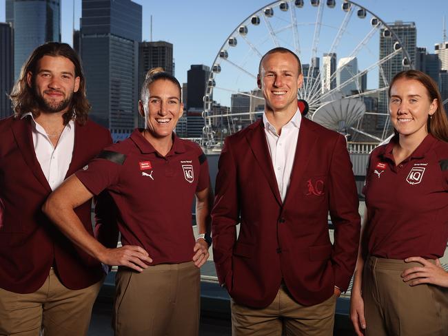 Maroons Patrick Carrigan, Ali Brigginshaw, Daly Cherry-Evans, and Tamika Upton, Maroons Long Lunch, Brisbane Convention and Exhibition Centre, South Brisbane. Picture: Liam Kidston