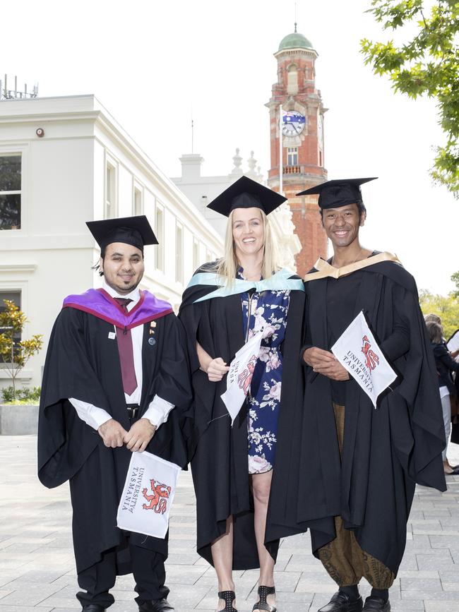 Kahled Alhefeiti, Rebecca Handley and Thanalert Ellen at the UTAS Graduation at Launceston. PICTURE CHRIS KIDD