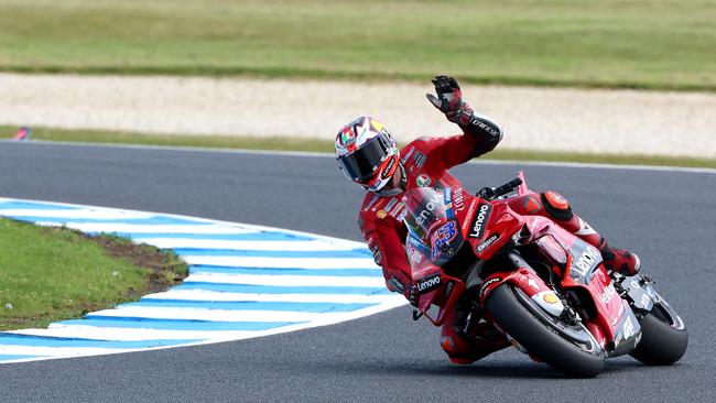 Ducati Lenovo Team's Australian rider Jack Miller waves at the end of MotoGP on Phillip Island last year. Picture: Glenn Nicholls / AFP