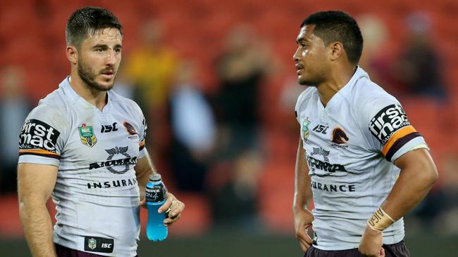 Ben Hunt and Anthony Milford after the losing the round 25 NRL game between the Brisbane Broncos and the Parramatta Eels at Suncorp Stadium in Brisbane, Thursday, August 24, 2017. (AAP Image/Jono Searle) NO ARCHIVING, EDITORIAL USE ONLY