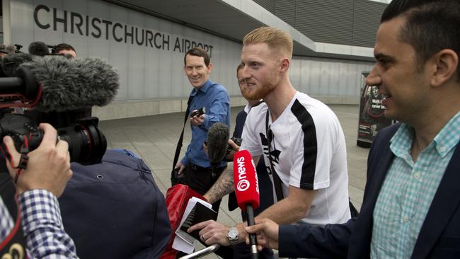 Ben Stokes is greeted by the media upon arrival in New Zealand.