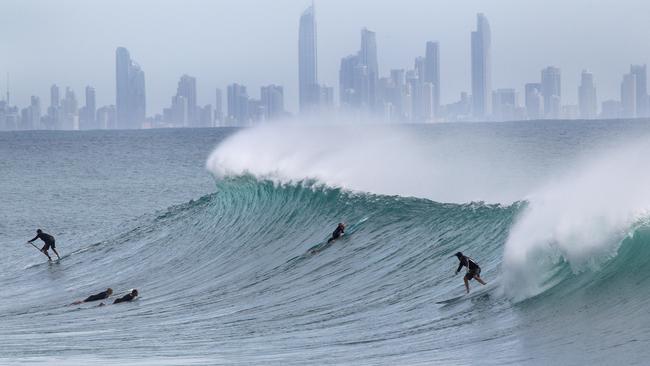 Surfers lapping up the good swell and near-perfect waves at Snapper Rocks on Tuesday. Picture: Mike Batterham