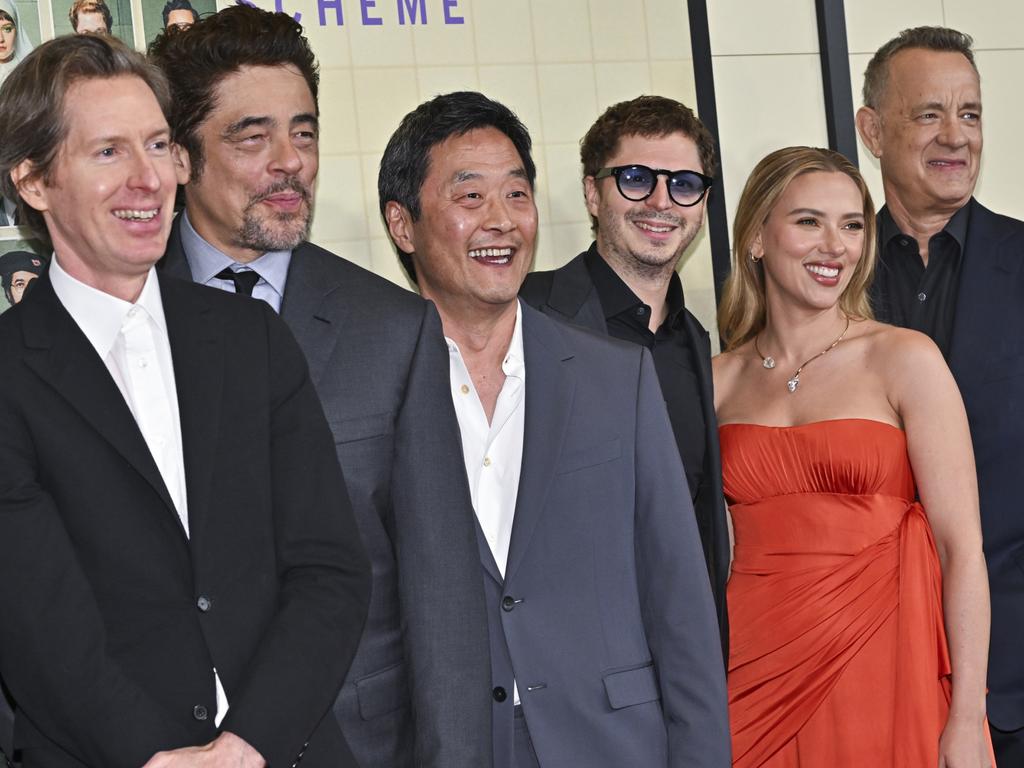 Director Wes Anderson, from left, Benicio Del Toro, Steve Park, Michael Cera, Scarlett Johansson, and Tom Hanks. Picture: Evan Agostini/Invision/AP