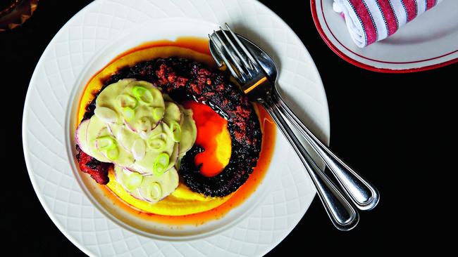 Octopus tentacle on a sweetcorn puree with thin-sliced potato salad and sobrasada. Picture: Jane Dempster