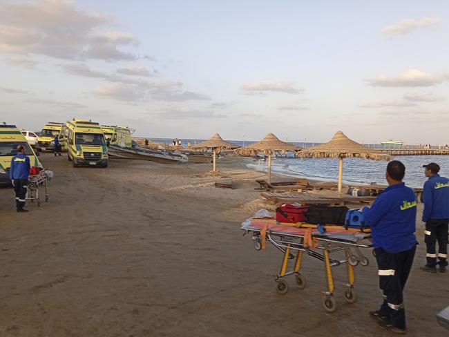 Rescuers wait on the beach of Marsa Alam, Egypt. Picture: AP