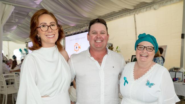 Teharnee Peel, Earl Neilsen and Nancy Anderson at the Touch of Teal Soiree for the Trudy Crowley Foundation at the Mantra at the Harbour on Friday, September 8. Picture: Michaela Harlow