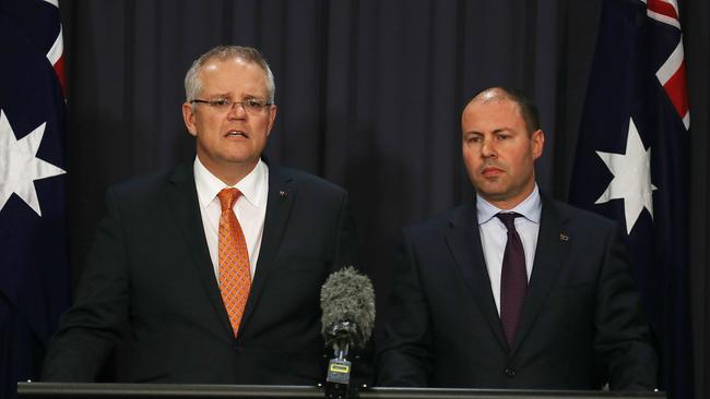 Scott Morrison during a press conference with Josh Frydenberg in House in Parliament House in Canberra tonight. Picture: Gary Ramage